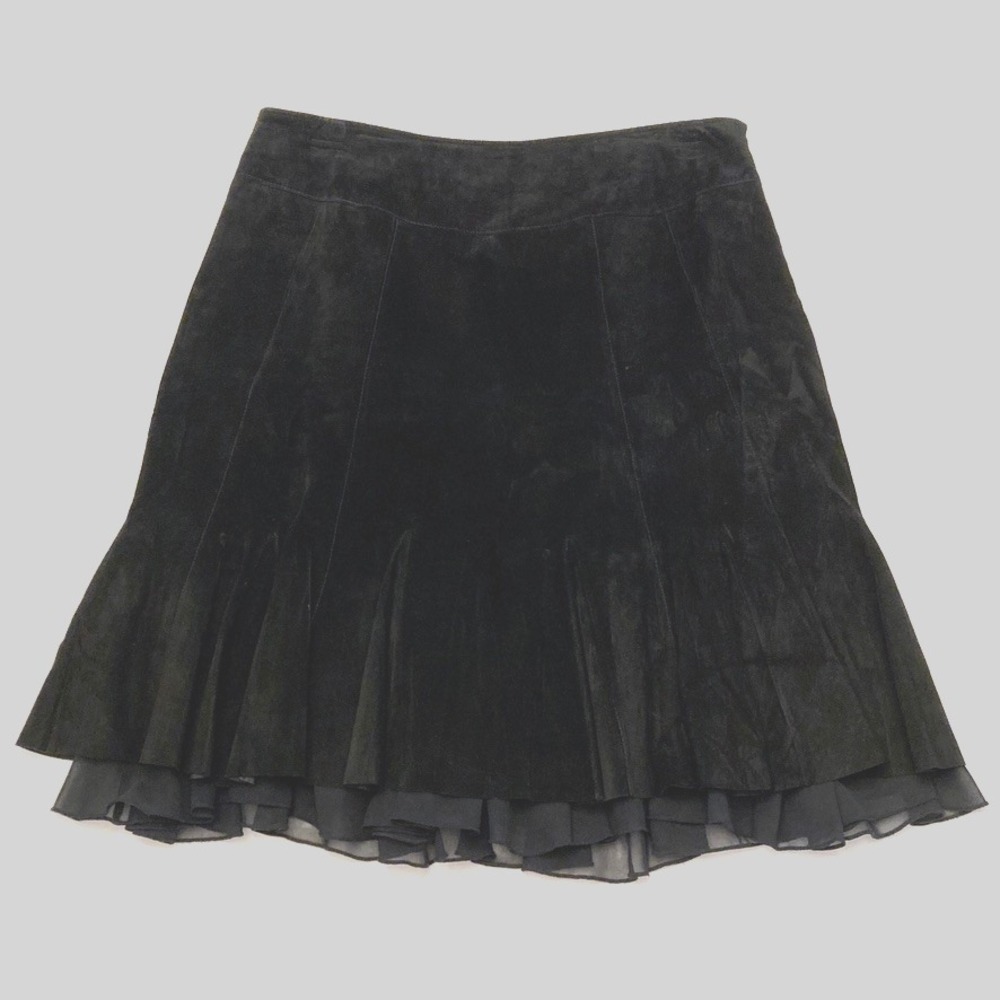 Vtg Context Black Suede Leather Flared‎ Skirt Women 12 36 Waist Ruffle Bottom